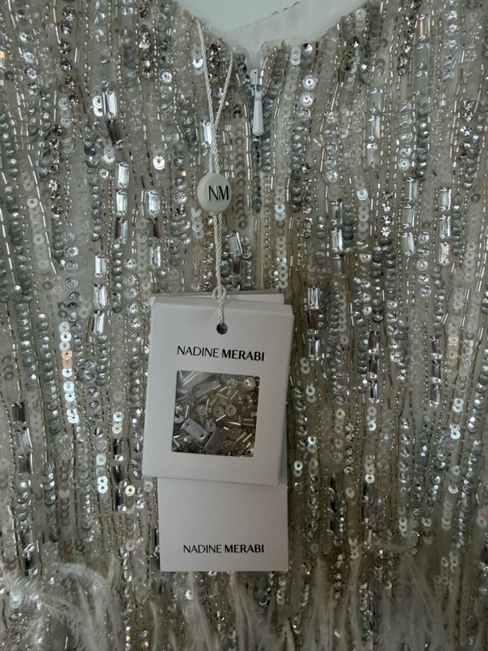 NWT NADINE MERABI Christy Silver Sequin & Feather Mini Dress - Picture 14 of 16